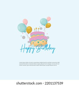 Diseño de vector de tipografía de cumpleaños feliz para tarjetas de felicitación y afiche con globo, confeti y caja de regalo, plantilla de diseño para celebración de cumpleaños.