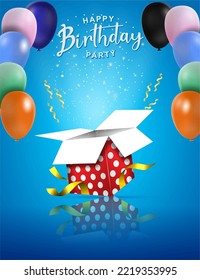 Happy Birthday typography vector design for greeting cards and poster with balloon, confetti and gift box, design template for birthday celebration.