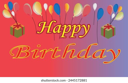 Happy Birthday typography vector design for greeting cards and poster with balloon on red and blue gradient Background, confetti and gift box, design template for birthday celebration.