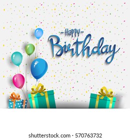 Happy Birthday typography vector design for greeting cards and poster with balloon, confetti and gift box, design template for birthday celebration.