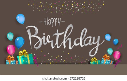 Happy Birthday typography vector design for greeting cards and poster with balloon, confetti and gift box, design template for birthday celebration.