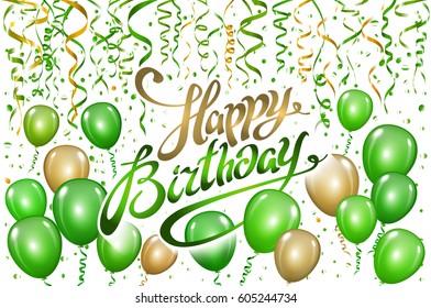 Happy Birthday Typography Vector Design For Greeting Cards And Poster With Green Gold Balloon, Confetti, Design Template For Birthday Celebration. Art