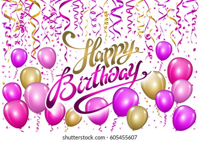 Happy Birthday typography vector design for greeting cards and poster with pink balloon, confetti, design template for birthday celebration. art