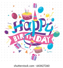 Happy Birthday typography vector design for greeting cards and poster with balloon, cake, confetti and gift box, design template for birthday celebration.