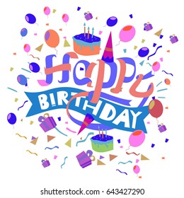 Happy Birthday typography vector design for greeting cards and poster with balloon, cake, confetti and gift box, design template for birthday celebration.