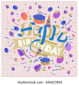 Happy Birthday typography vector design for greeting cards and poster with balloon, cake, confetti and gift box, design template for birthday celebration.