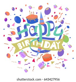 Happy Birthday typography vector design for greeting cards and poster with balloon, cake, confetti and gift box, design template for birthday celebration.
