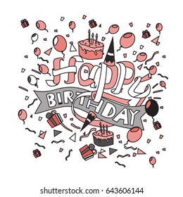 Happy Birthday typography vector design for greeting cards and poster with balloon, cake, confetti and gift box, design template for birthday celebration.
