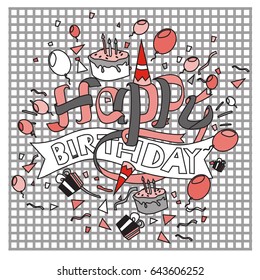 Happy Birthday typography vector design for greeting cards and poster with balloon, cake, confetti and gift box, design template for birthday celebration.