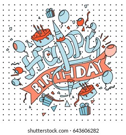 Happy Birthday typography vector design for greeting cards and poster with balloon, cake, confetti and gift box, design template for birthday celebration.