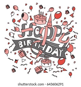 Happy Birthday typography vector design for greeting cards and poster with balloon, cake, confetti and gift box, design template for birthday celebration.