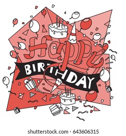 Happy Birthday typography vector design for greeting cards and poster with balloon, cake, confetti and gift box, design template for birthday celebration.