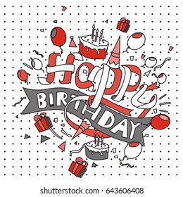 Happy Birthday typography vector design for greeting cards and poster with balloon, cake, confetti and gift box, design template for birthday celebration.