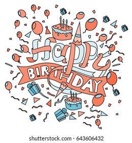 Happy Birthday typography vector design for greeting cards and poster with balloon, cake, confetti and gift box, design template for birthday celebration.
