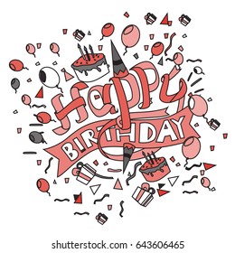 Happy Birthday typography vector design for greeting cards and poster with balloon, cake, confetti and gift box, design template for birthday celebration.