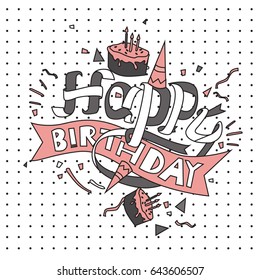 Happy Birthday typography vector design for greeting cards and poster with balloon, cake, confetti and gift box, design template for birthday celebration.