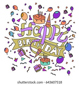 Happy Birthday typography vector design for greeting cards and poster with balloon, cake, confetti and gift box, design template for birthday celebration.