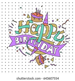 Happy Birthday typography vector design for greeting cards and poster with balloon, cake, confetti and gift box, design template for birthday celebration.