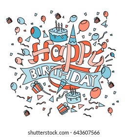 Happy Birthday typography vector design for greeting cards and poster with balloon, cake, confetti and gift box, design template for birthday celebration.