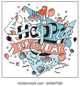 Happy Birthday typography vector design for greeting cards and poster with balloon, cake, confetti and gift box, design template for birthday celebration.