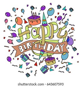 Happy Birthday typography vector design for greeting cards and poster with balloon, cake, confetti and gift box, design template for birthday celebration.