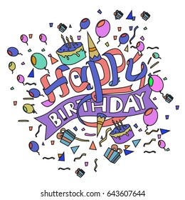 Happy Birthday typography vector design for greeting cards and poster with balloon, cake, confetti and gift box, design template for birthday celebration.