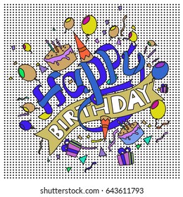 Happy Birthday typography vector design for greeting cards and poster with balloon, cake, confetti and gift box, design template for birthday celebration.