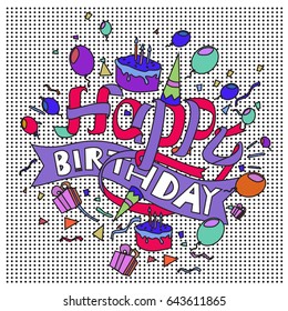 Happy Birthday typography vector design for greeting cards and poster with balloon, cake, confetti and gift box, design template for birthday celebration.