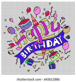 Happy Birthday typography vector design for greeting cards and poster with balloon, cake, confetti and gift box, design template for birthday celebration.
