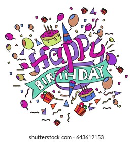 Happy Birthday typography vector design for greeting cards and poster with balloon, cake, confetti and gift box, design template for birthday celebration.