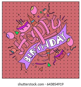 Happy Birthday typography vector design for greeting cards and poster with balloon, cake, confetti and gift box, design template for birthday celebration.