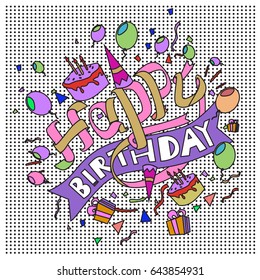 Happy Birthday typography vector design for greeting cards and poster with balloon, cake, confetti and gift box, design template for birthday celebration.