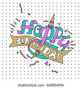 Happy Birthday typography vector design for greeting cards and poster with balloon, cake, confetti and gift box, design template for birthday celebration.