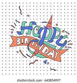 Happy Birthday typography vector design for greeting cards and poster with balloon, cake, confetti and gift box, design template for birthday celebration.