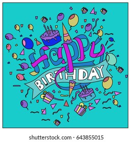 Happy Birthday typography vector design for greeting cards and poster with balloon, cake, confetti and gift box, design template for birthday celebration.