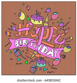 Happy Birthday typography vector design for greeting cards and poster with balloon, cake, confetti and gift box, design template for birthday celebration.