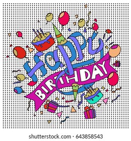 Happy Birthday typography vector design for greeting cards and poster with balloon, cake, confetti and gift box, design template for birthday celebration.