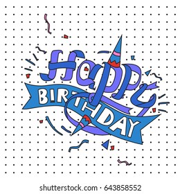 Happy Birthday typography vector design for greeting cards and poster with balloon, cake, confetti and gift box, design template for birthday celebration.