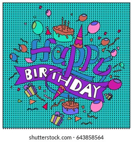 Happy Birthday typography vector design for greeting cards and poster with balloon, cake, confetti and gift box, design template for birthday celebration.