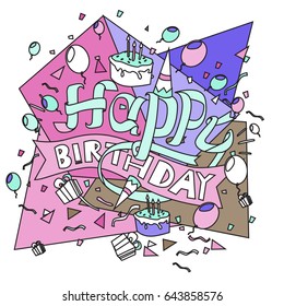 Happy Birthday typography vector design for greeting cards and poster with balloon, cake, confetti and gift box, design template for birthday celebration.