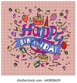 Happy Birthday typography vector design for greeting cards and poster with balloon, cake, confetti and gift box, design template for birthday celebration.