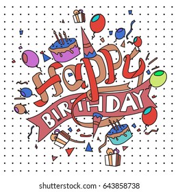 Happy Birthday typography vector design for greeting cards and poster with balloon, cake, confetti and gift box, design template for birthday celebration.