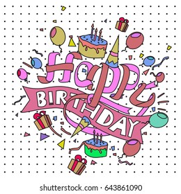 Happy Birthday typography vector design for greeting cards and poster with balloon, cake, confetti and gift box, design template for birthday celebration.