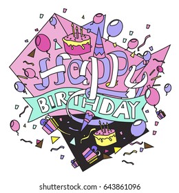Happy Birthday typography vector design for greeting cards and poster with balloon, cake, confetti and gift box, design template for birthday celebration.