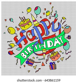Happy Birthday typography vector design for greeting cards and poster with balloon, cake, confetti and gift box, design template for birthday celebration.