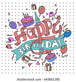 Happy Birthday typography vector design for greeting cards and poster with balloon, cake, confetti and gift box, design template for birthday celebration.