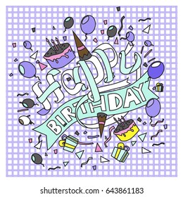 Happy Birthday typography vector design for greeting cards and poster with balloon, cake, confetti and gift box, design template for birthday celebration.
