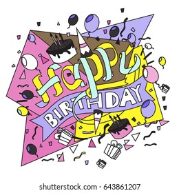 Happy Birthday typography vector design for greeting cards and poster with balloon, cake, confetti and gift box, design template for birthday celebration.