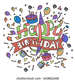Happy Birthday typography vector design for greeting cards and poster with balloon, cake, confetti and gift box, design template for birthday celebration.