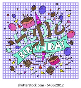 Happy Birthday typography vector design for greeting cards and poster with balloon, cake, confetti and gift box, design template for birthday celebration.